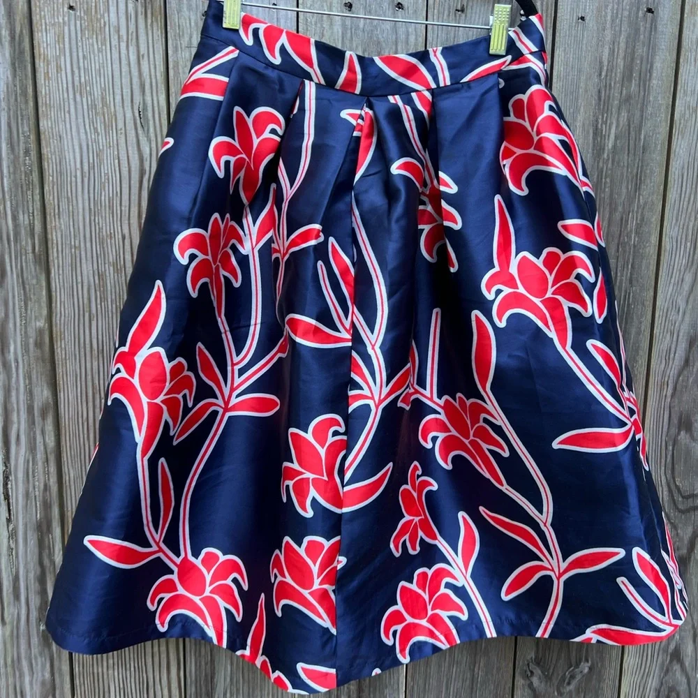 LUCY WANG Orange Navy Blue Floral A Line Skirt Women’s Large